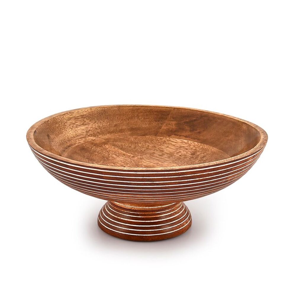 Mango Wood Salad Bowl 12” Hand Carved Striped Decorative Rustic Farmhouse